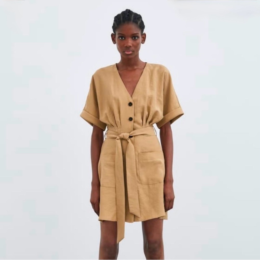 Zara Tan/Nude Button-down Midi Dress with Tie